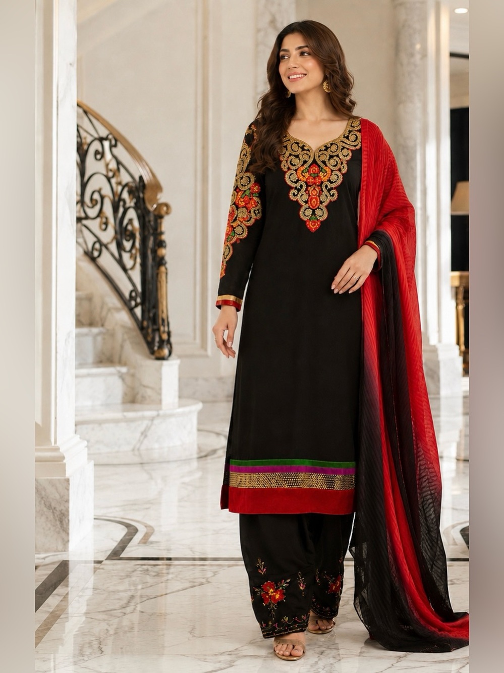 Embroidered 3-Piece Salwar Kameez Suit Pants Dupatta Gold-tone and multicolor